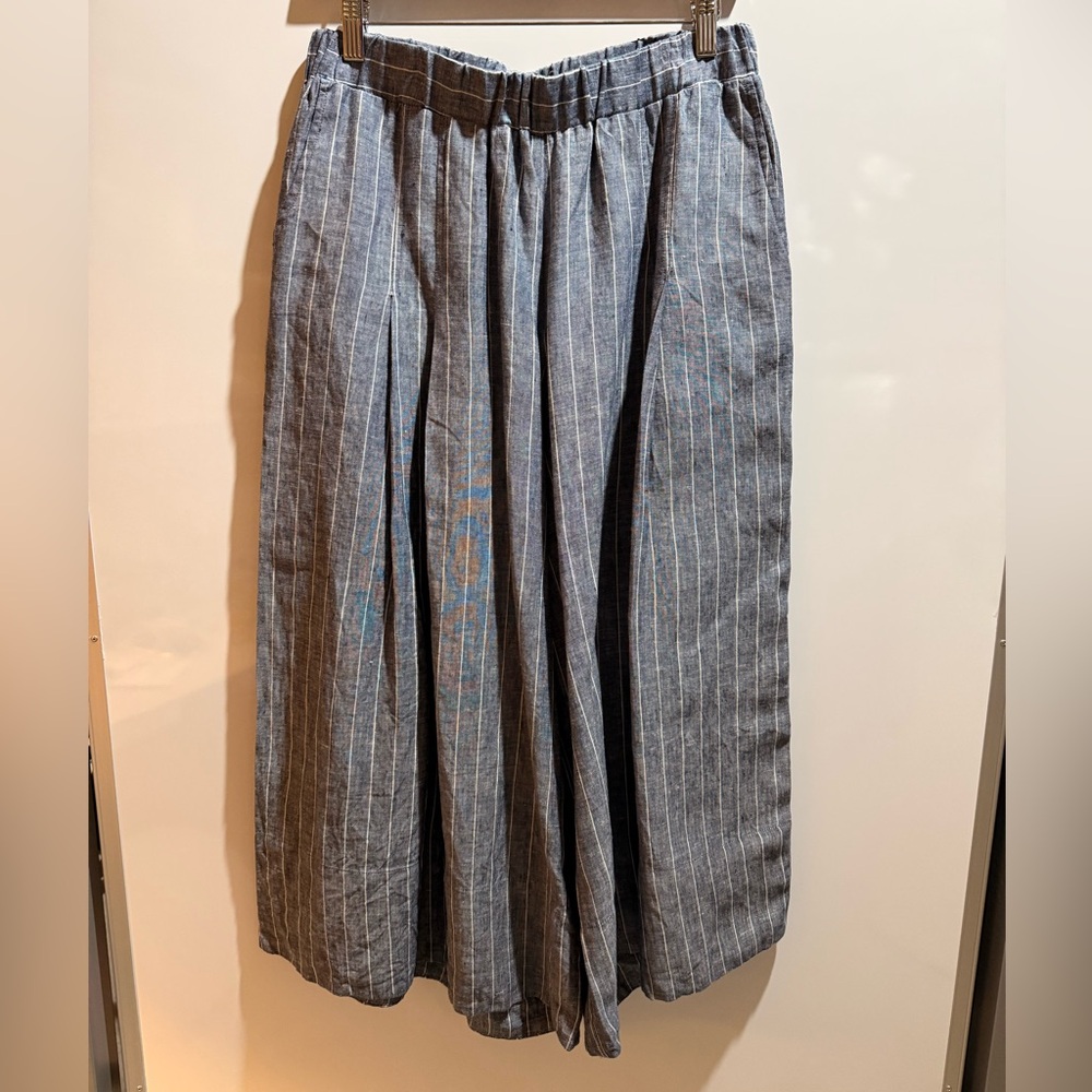 Alembika blue and white wide, cropped leg, striped Colleen pant.